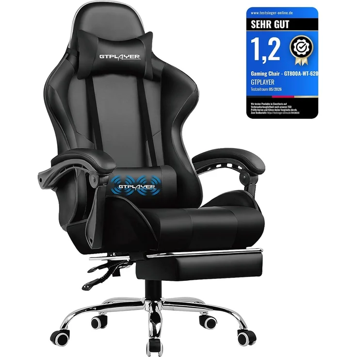 GTPLAYER Bürostuhl Gaming Stuhl Massage Gaming Sessel Ergonomischer Gamer Stuhl mit Fußstütze, Kopfstütze Massage-Lendenkissen, Gepolstert Gaming Chair, Drehsessel schwarz – Bild 1