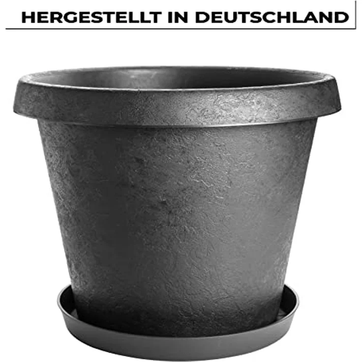Centi Pflanzkübel Blumentopf Gross 40 cm mit Untersetzer, Pflanzkübel groß außen (Set, 3 St, Ø 40 cm mit Untersetzer, Anthrazit Made in DE), Pflanztopf groß, extra stabil innovatives Stone-Design – Bild 3