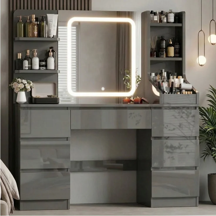 HOMALL Schminktisch Eingebaute LED-Beleuchtung, einstellbare Helligkeit, mit 7 Schubladen (GroBe 110*40*139cm Bestes Geschenk fur Ehefrau/Tochter ostern geschenke) – Bild 5