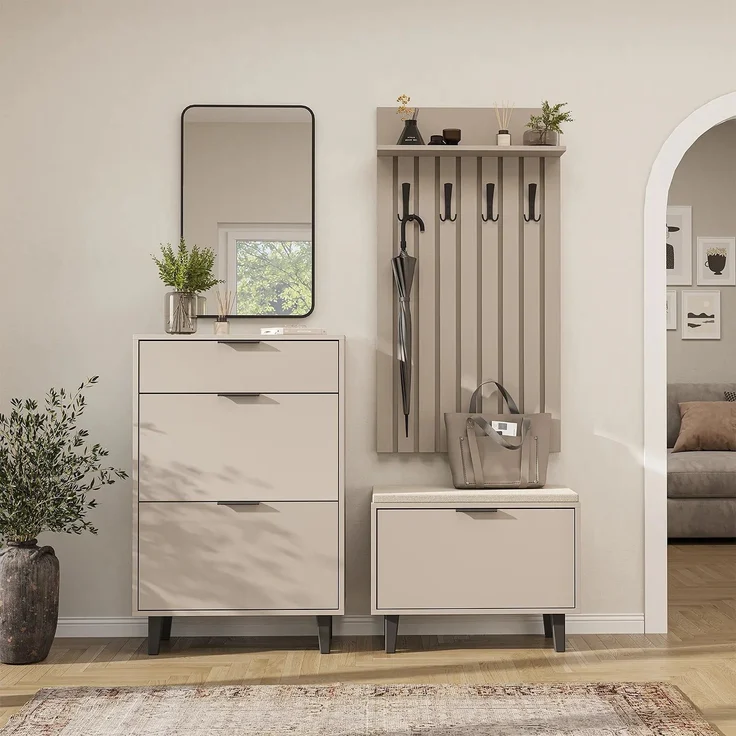 Roomart NORD Garderobenset 4-teilig – Schuhschrank, Sitzbank mit Schuhklappe, Garderobenpaneel 130 cm & Spiegel – Flurgarderobe – H 112 x B 73.6 x T 35 cm (Schuhschrank) • Beige – Bild 3