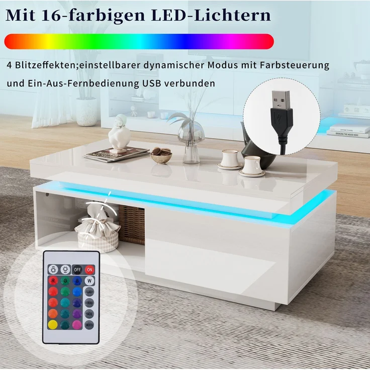 Couchtisch mit LED-Beleuchtung und Schublade, moderner Wohnzimmertisch, Stauraum – Bild 7