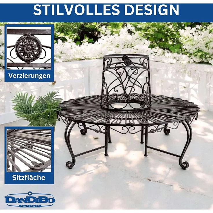 DanDiBo Baumbank Rund Metall Wetterfest Braun 96591 Rundbank ø 135 cm Gartenbank Sitzbank Bank Garten Antik – Bild 3