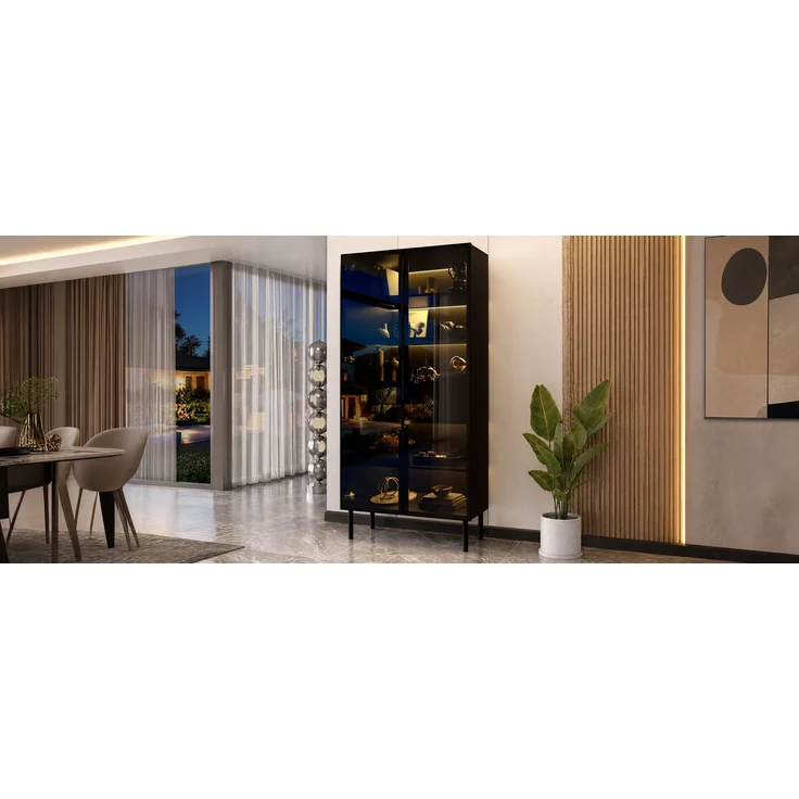 ZUBALIYA Vitrine, mit Schubladen, mit Stauraum, mit LED-Beleuchtung, mit App-Steuerung, H 170 × T 36 × B 70 cm, Schwarz, MDF / Spanplatte – Bild 9