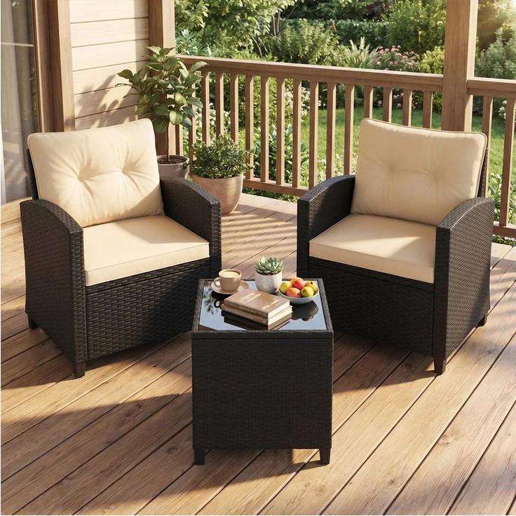 COSTWAY Balkonset, (3-tlg), Gartenmöbel Set Rattan mit Kissen, 2 Stühlen, Tisch – Bild 1