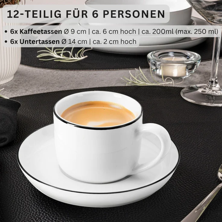 SÄNGER Porzellan Kaffeetassen Set Marlo Black Rim 12-teilig für 6 Personen – Bild 2