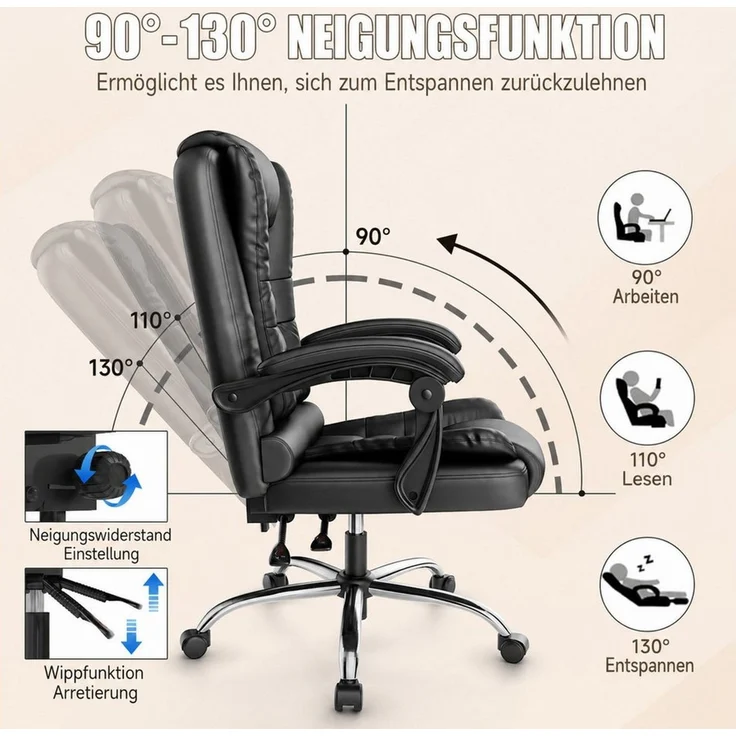 ZAISZE Chefsessel Bürostuhl, Ergonomischer Bürostuhl, Stoff Schreibtischstuhl (Hohe Rückenlehne Ergonomische Liege mit Kippfunktion 360° Drehbarer Schreibtischstuhl, Gaming Stuhl mit dickem Kissen), Chefsessel Drehstuhl, Höhenverstellbar für Zuhause un... – Bild 4
