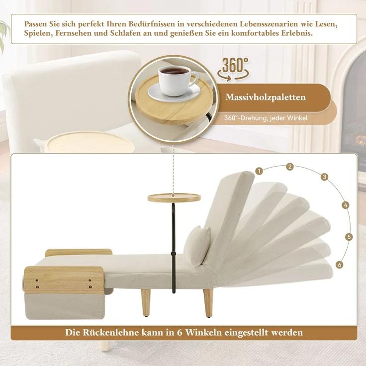 Sessel Leinen 3-in-1 mit drehbarem Tablett,88 x 66 x 74.5 cm,Relaxsessel mit 6-stufiger Rückenlehne & Massivholz – Bild 7