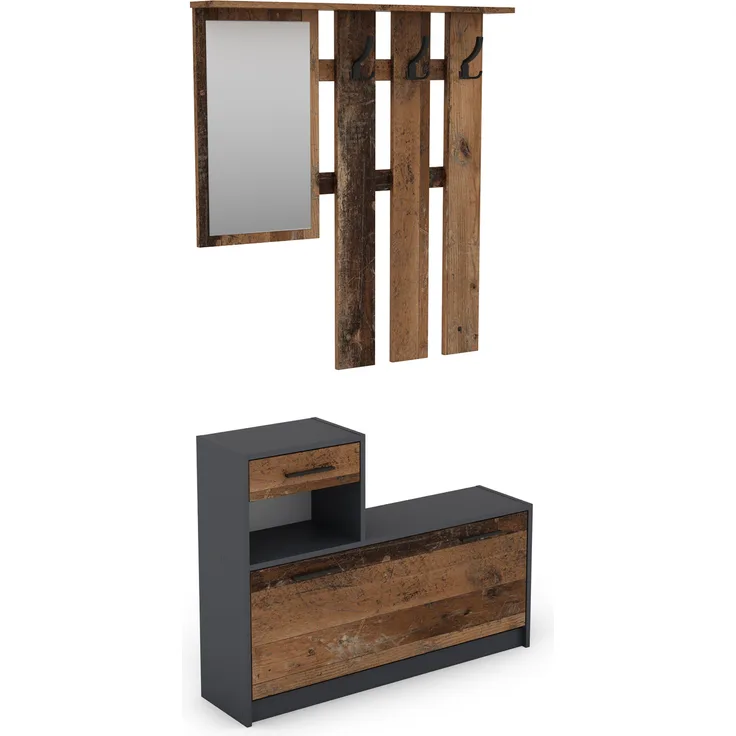 byLIVING Garderoben-Set TAMINA / Kommode mit Schuhschrank + hängende Garderobe mit Spiegel / anthrazit / Fronten braun Old Wood / Flur-Schrank / Schränke / Regal / 100 x 190 x 25 cm (B x H x T)