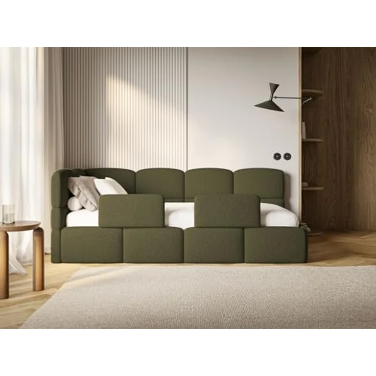 Selsey Jugendbett 90x200 cm Links Komfortables Polsterbett mit Bettkasten Sicherer Schlaf Rausfallschutz-Gitter Modernes Design Stabiler Holzrahmen Olivgrün Ideal Kinderzimmer – Bild 5