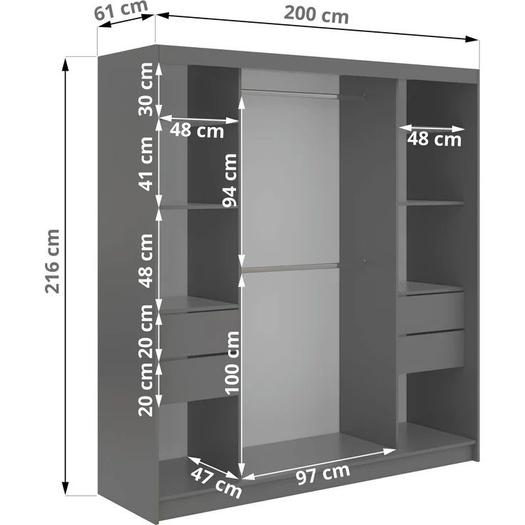 Schiebetürenschrank GRECJA 200 cm breite mit Spiegelfront und Dekor-Applikationen in Grau, inkl. Kleiderstange & Einlegeböden mit Schubladen - Grau – Bild 5