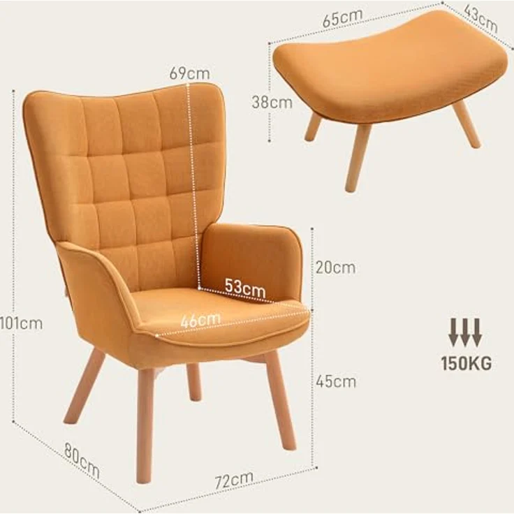 HOMCOM Relaxsessel Ohrensessel mit Hoher Rückenlehne, Holzbeine (Sessel mit Hocker, 2-St, Loungesessel), mit getuftetem Design, Cord-Optik, für Wohnzimmer, Braun – Bild 4
