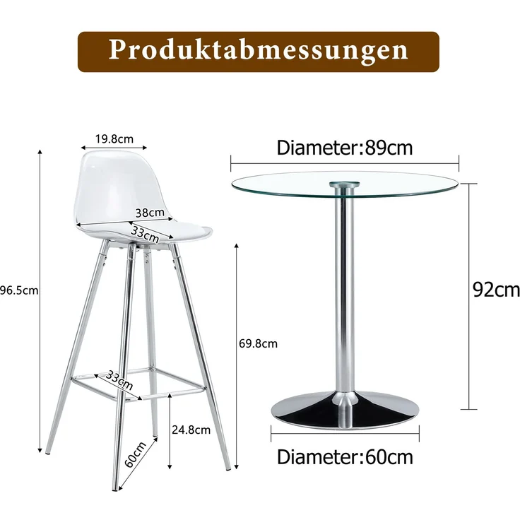 Flexibles Bar-Set: Runder Glastisch mit 89 cm Durchmesser + 2 Barhocker mit silbernen Beinen.• Transparente Optik • Vielseitig einsetzbar •Schafft visuelle Weite und spart Platz.--Silber, Transparent--72x41.5x33.5cm--YOUDENOVA – Bild 5