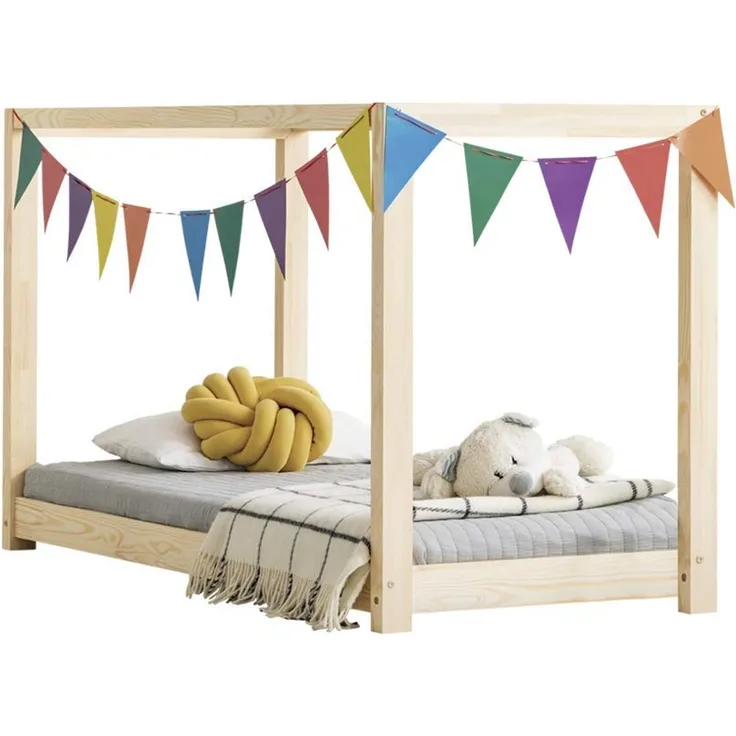 Selsey DALIDDA – Kinderbett Himmelbett mit Lattenrost Kiefernholz skandinavisch naturbelassen, 90x160 cm