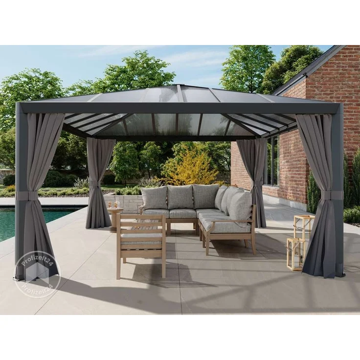 PRIMEYARD Gartenpavillon 4x4 m mit Polycarbonatdach - Hardtop Pavillon mit 4 Seitenteilen in Grau – Bild 2