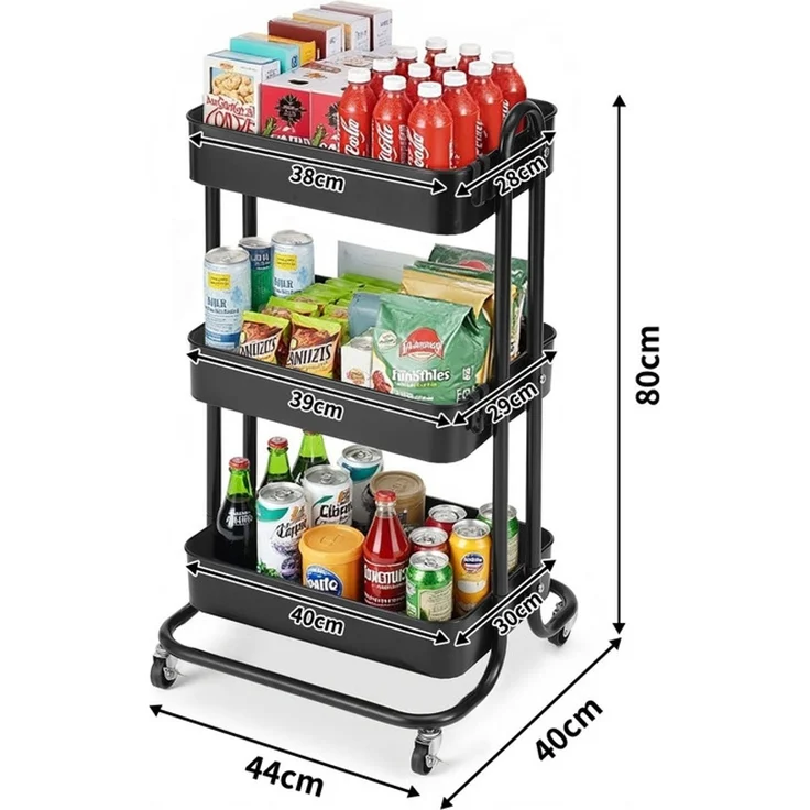 Home Nature Wohnkonzept Küchenrollwagen mit 3 Ebenen Schwarz, platzsparender Rollwagen für Küche, Bad und Haushalt, Schwarz, 80 × 40 × 44 cm – Bild 2
