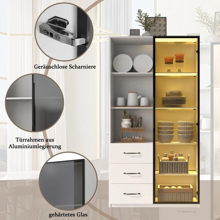 LED-Vitrine 80 x 40 x 160 cm - Bücherschrank mit Tür aus gehärtetem Glas und LED-Beleuchtung, 3 Schubladen und 3 offene Fächer, Aluminiumrahmen, mehrfarbige LEDs, Soft-Close-Scharniere, Küchenschränke--Weiß--91.01x46.99x19.99cm--YOUDENOVA – Bild 10