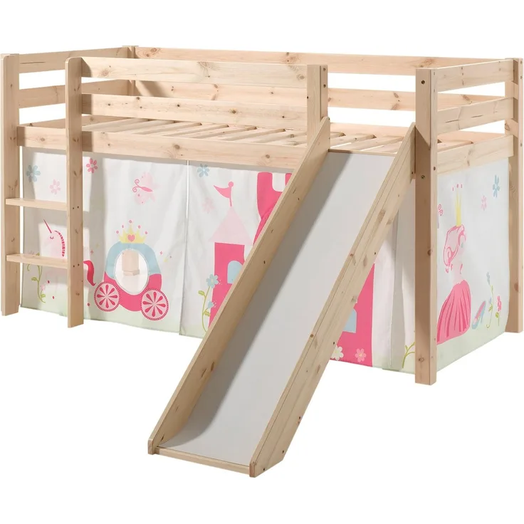 Vipack 'Pino' Halbhochbett natur, inkl. Rutsche, Vorhang 'Princess'