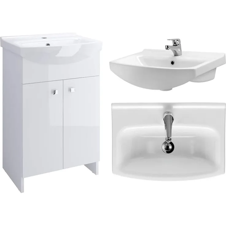 VBChome Badmöbel Weiß 60 cm Waschbecken mit Unterschrank Waschtisch Waschbeckenunterschrank Unterschrank Badezimmerschrank 2 Türen Glanz Waschplatz Stand Standmöbel