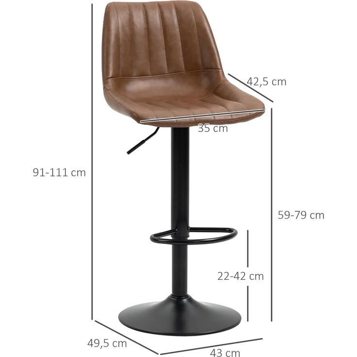 2er Set Barhocker Höhenverstellbare Tresenhocker Kunstleder Bistrohocker mit Fußring Stahl Braun für Küche & Bar--Braun--43x49.5x111cm--YOUDENOVA – Bild 3