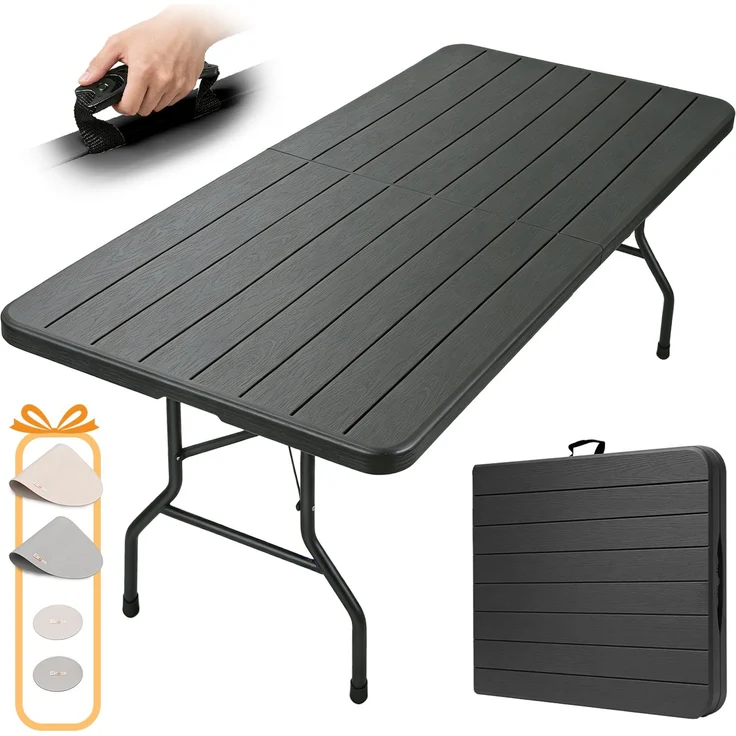 Eiryss Klappbarer Gartentisch 180x74cm, Outdoor Campingtisch für 8 Personen, schwarz mit Holzoptik-Kunststoffplatte, Metallrahmen, belastbar 150kg, 3 Sicherheitsverschlüsse, Buffetstisch für Garten, Balkon – Bild 1