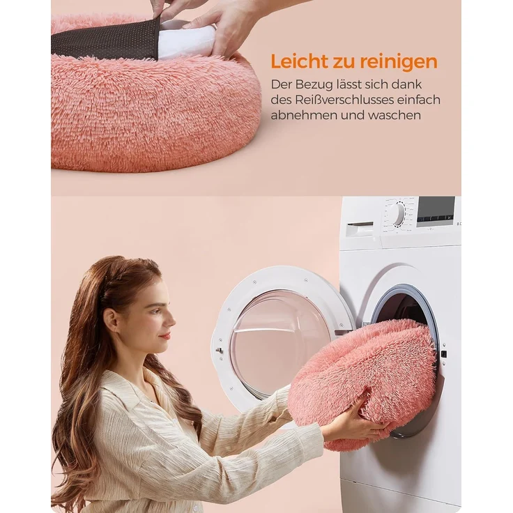 Feandrea Hundebett flauschig, Katzenbett, Donut Kissen, waschbar, Polsterung in der Mitte herausnehmbar, Langer Plüsch, 80 cm Durchmesser, rosa PGW040R01 – Bild 7