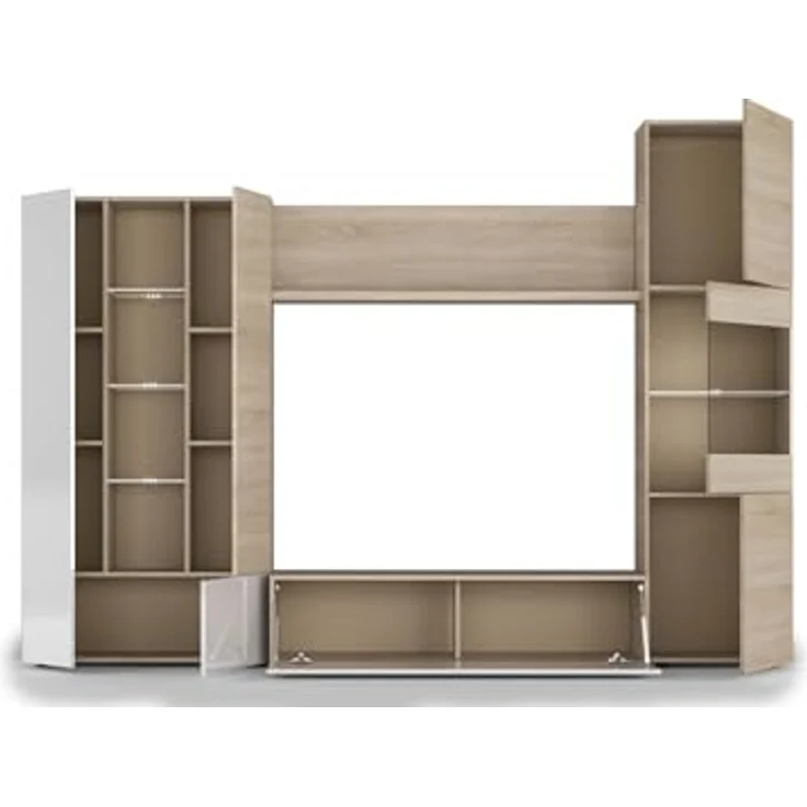 Dmora - Wohnzimmermöbel Raleigh, modulares TV-Ständer-Wohnzimmerelement, Wohnzimmerkomposition mit Wandelementen und Vitrinen und LED-Licht, 260 x 42 x 185 cm, Eiche und Weiß – Bild 6