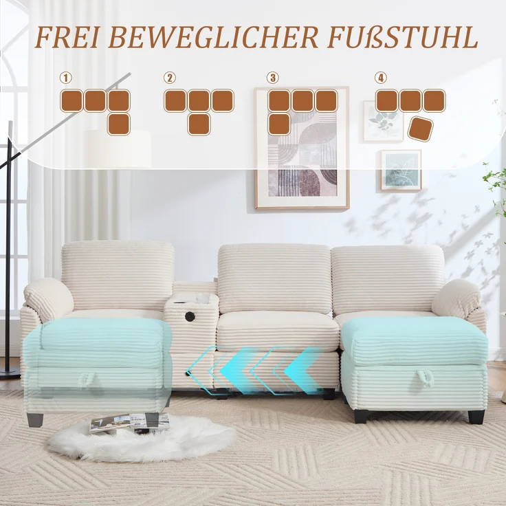 LVHOM 3-Sitzer Sofa mit Hocker, L-Form Ecksofa mit Stauraum, USB-C-Anschluss und 2 Getränkehaltern, modulares Sofa, Beige – Bild 7