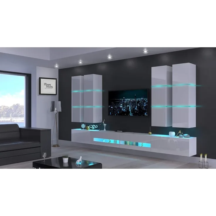FURNITECH Jurat AN51 Möbel Schrankwand Wandschrank Wohnwand Mediawand mit Led Beleuchtung Wohnzimmer (LED RGB (16 Farben), AN51-18HG-W2)