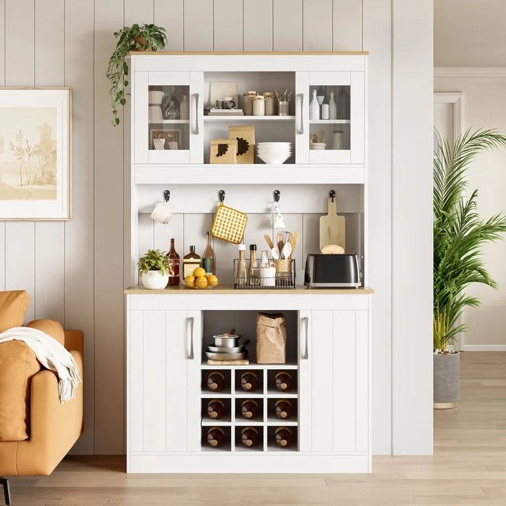 Merax 175cm Küchenbuffet Buffetschrank mit Aufsatz, Küchenschrank mit Glastüren, Weinregal und Hakenleiste, großer Geschirrschrank Vorratsschrank Küchenschrank, Weiß + Holzfarbe – Bild 1