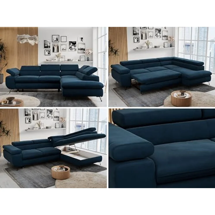 Mks Möbel 'Peter L-form' Ecksofa mit Bettfunktion, Bettkasten & einstellbaren Kopfstützen, Dunkelblau, Velours, rechts – Bild 2