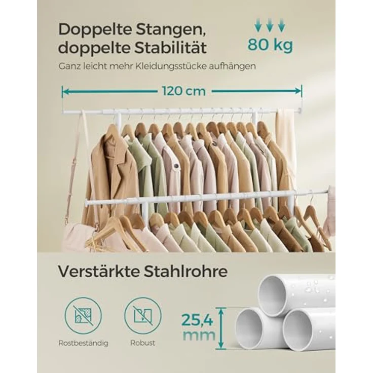 Songmics Kleiderständer auf Rollen, doppelte Stangen, ausziehbare Kleiderstangen, Garderobenständer aus Stahlrohren, bis 80 kg belastbar, 83-120 cm breit, Wolkenweiß – Bild 5