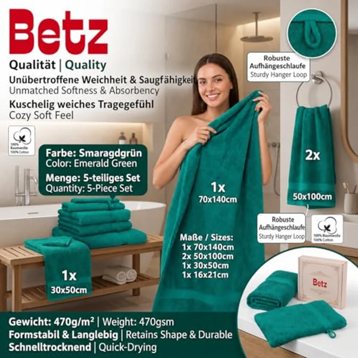 Betz Handtuch Set 5-TLG. Premium 1 Duschtuch 2 Handtücher 1 Gästetuch 1 Waschhandschuh, 100% Baumwolle – Bild 3