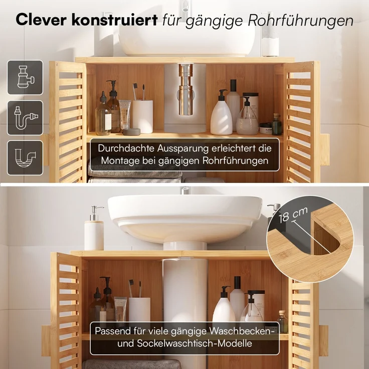 Bellamio 'Newa' Badezimmer Waschbeckenunterschrank, Bambus, natur, 60x33x65 cm, Badezimmerschrank mit 2 Ablagefächern, 2er-Set – Bild 5