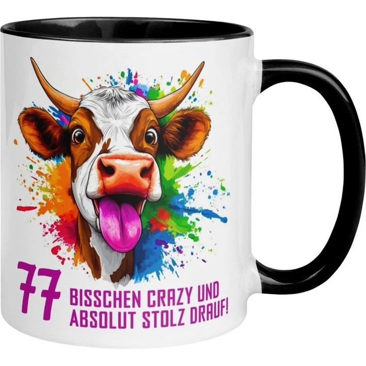 Momentals Tasse 77. Geburtstag Mann Frau – Crazy und Stolz drauf – Männer Frauen, Gratis Versand · Links-&Rechtshänder · Spülmaschinenfest – Bild 1