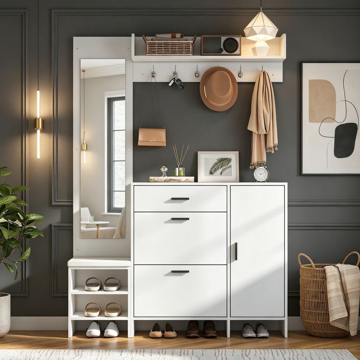 Garderobenständer für den Eingangsbereich, inklusive Schuhschrank, Spiegel und Kleiderhaken,multifunktionaler Schuhschrank mit Schuhwechselbank, für Flur Eingangsbereich, Weiß, 140x30x200cm--Weiß--140x30x200cm--YOUDENOVA
