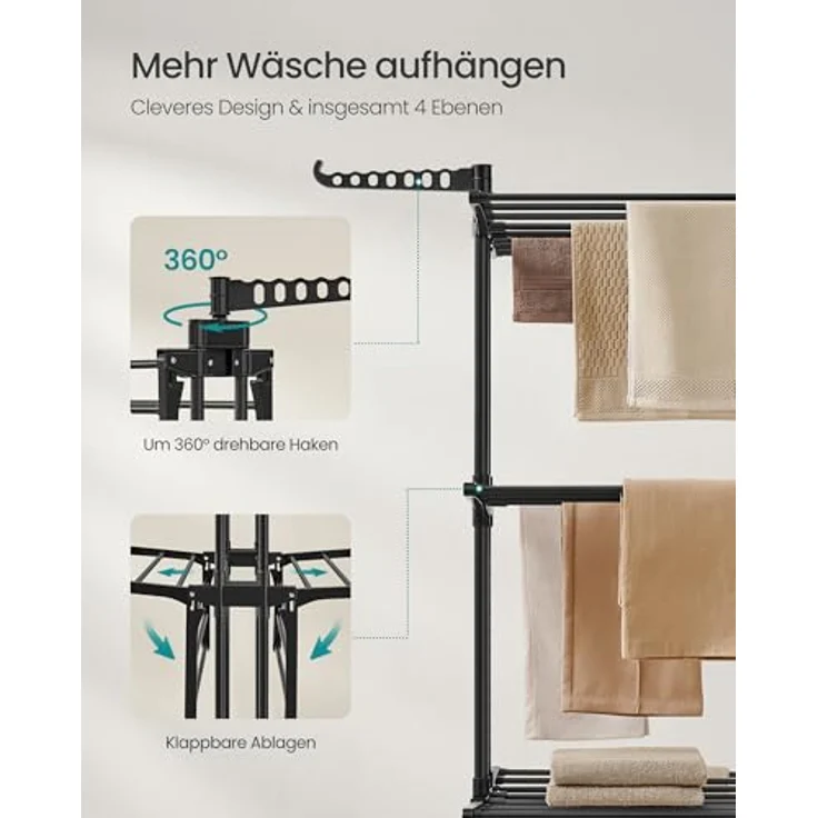 SONGMICS Wäscheständer, Standtrockner 4 Ebenen, Flügelwäscheständer, klappbare Flügel, mit Rollen, 63,5 x 125,5 x 173 cm, groß, einfacher Aufbau, tintenschwarz LLR703BZ02 – Bild 6