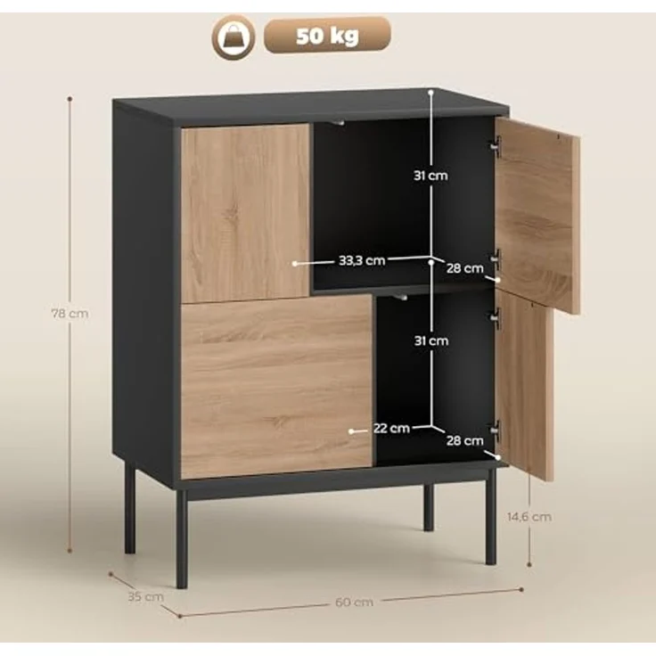 HOMCOM Sideboard mit Push-to-Open-Türen, Metallbeine (Kommode, 1 St, Aufbewahrungsschrank), für Küche, Esszimmer, Wohnzimmer, Schwarz+Naturholz – Bild 3