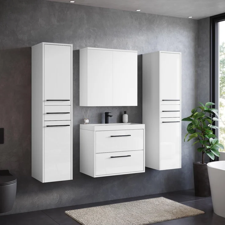 Badplaats Badmöbel Komplettset Florence XL 60 x 35 cm Hochglanz Weiß - Badezimmermöbel mit Waschbecken, Spiegelschrank und 2 Hochschränke – Bild 2
