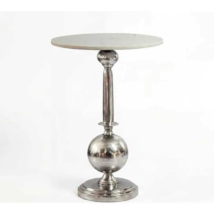 Beistelltisch Rund 40x40 cm Silber mit massiver Marmorplatte Weiß - Design Anstelltisch Metall Naturstein - Loungetisch Couchtisch Art Déco - Sofatisch Wohnzimmertisch Handmade
