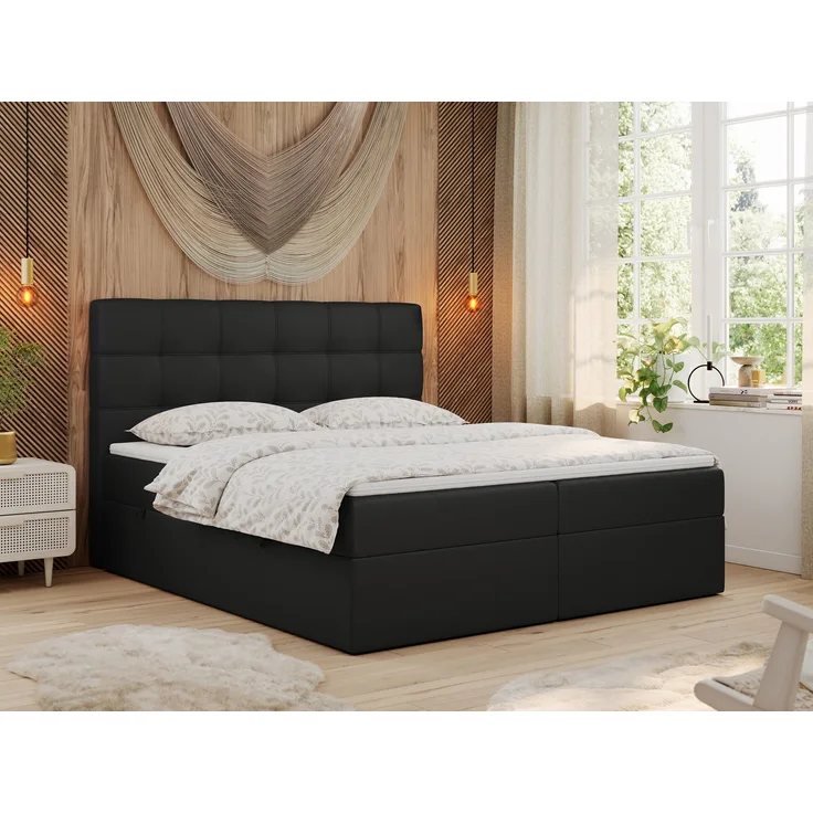 Polsterbett Kunstlederbett mit Bettkasten, Stauraumbett - ERNI - 200x200cm - Schwarz Kunstleder - H3