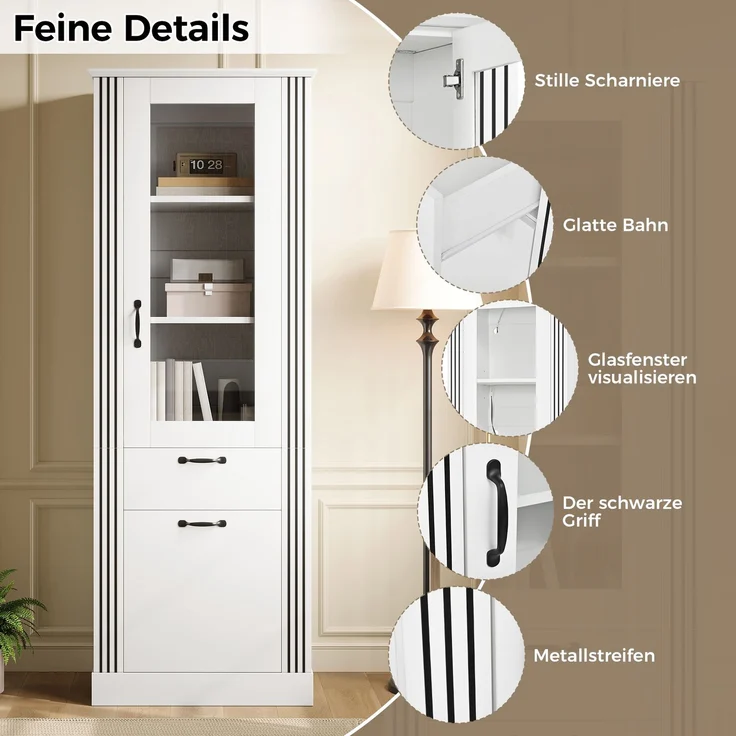 Vitrinenschrank mit Spiegeltür, App-gesteuerter LED-Beleuchtung, Schublade und Stauraum, Vitrinenschrank mit Ablagefächern, PB-Korpus, Aluminiumgriffe – Bild 5