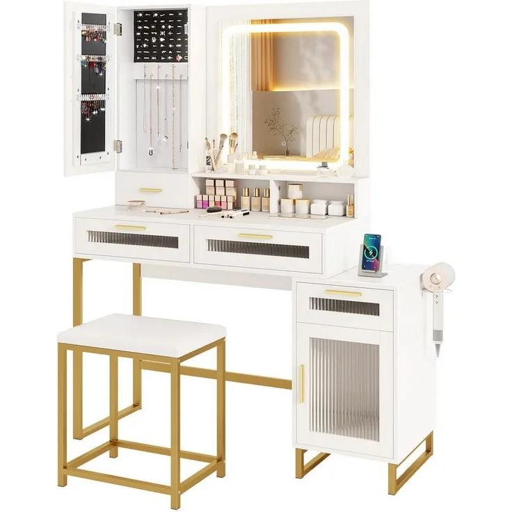 COSTWAY Schminktisch (1-St), mit LED & Ladestation, Hocker, Spiegel, Schubladen