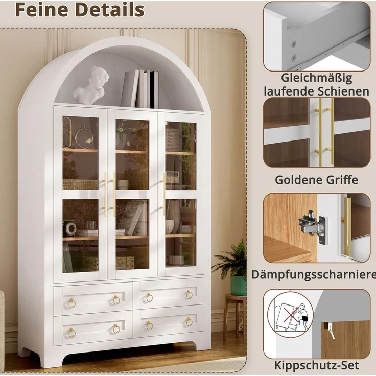 DESVIAE Sideboard Weiß aus MDF/Spanplatte – 110x185x40 cm – 3 Glastüren, 4 Schubladen – Bild 4