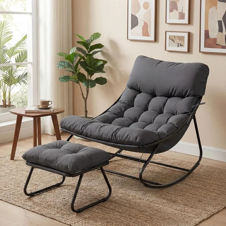 Aoxun Schaukelstuhl mit Hocker für Erwachsene, Ergonomischer Relaxsessel, 77.5x100x71.5 cm, Maximale Belastung von 160kg, Schwarzgrau