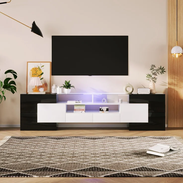 FAVSH Sideboard Wohnzimmer TV - 200 cm Moderner TV Schrank, Fernsehtisch mit 6 Schließfach, 2 Schublade und 3 offenes Regal, TV Schrank with Led für Wohnzimmer und Esszimmer (Schwarz)