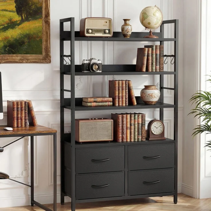 YITAHOME Industrie-Bücherregal, 4-stöckiges Regal mit verstellbaren Einlegeböden und 4 Stoffschubladen, freistehendes Präsentationsregal mit Metallrahmen für Wohnzimmer, Schwarz – Bild 1