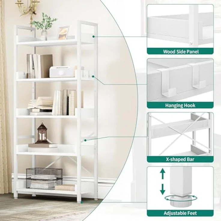 YITAHOME Offenes Bücherregal mit 5 Ebenen, schmal und hoch aus Metall mit 4 Haken, industrielles Lagerregal für Wohnzimmer, Home Office, Reinweiß – Bild 7