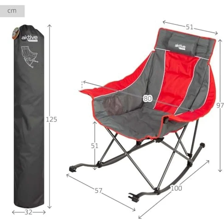 AKTIVE - Klappbarer Camping-Schaukelstuhl, Stahl und gepolstertes Polyester, Mit Kissen und Seitentaschen, Inklusive Tragetasche, Schaukelstuhl, Klappstühle, Für Garten oder Strand (63046) – Bild 3