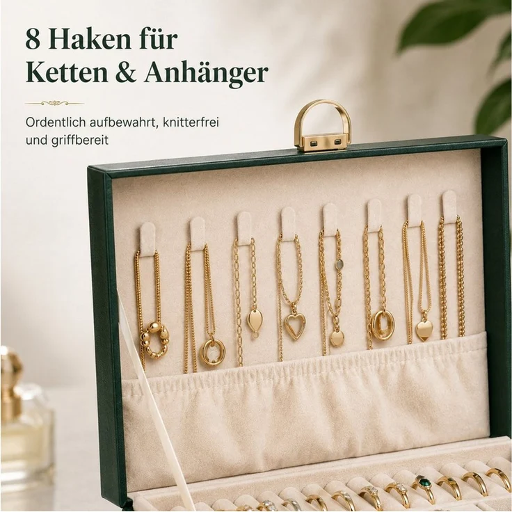 Fyrove Schatzkiste Vintage Schmuckkästchen aus PU-Leder mit Schloss (zwei Schubladen, große Aufbewahrung für Ringe, Ketten, Ohrringe und Uhren, ideales Geschenk für Frauen zum Geburtstag, Weihnachten & Valentinstag) – Bild 4