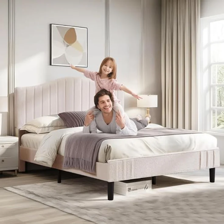 Polsterbett 140x200 cm Doppelbett, Bettgestell aus Teddy-Stoff mit höhenverstellbarem Kopfteil und Lattenrost aus Massivholz, 20 cm Stauraum unter dem Bett, modern, geräuscharm, beige – Bild 2